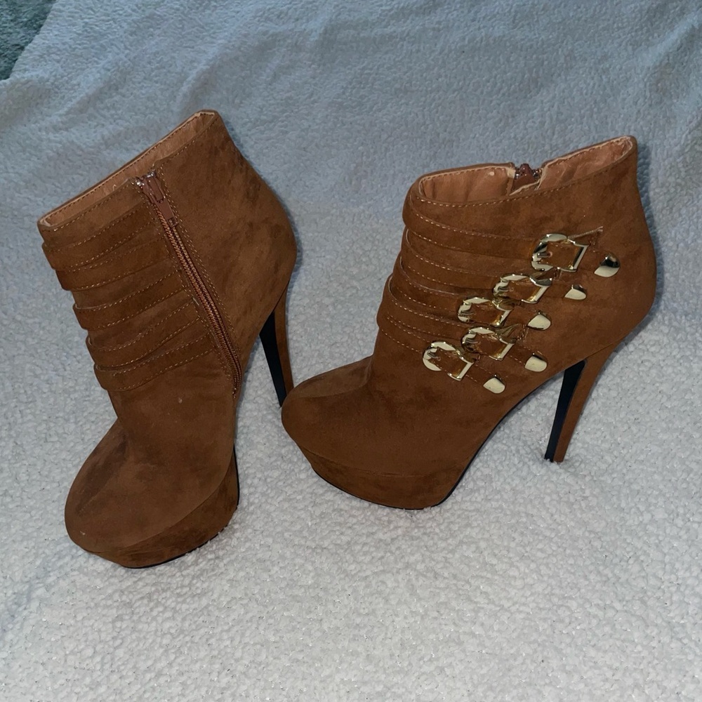 Herstyle Brown Heeled Boots with Gold Buckles